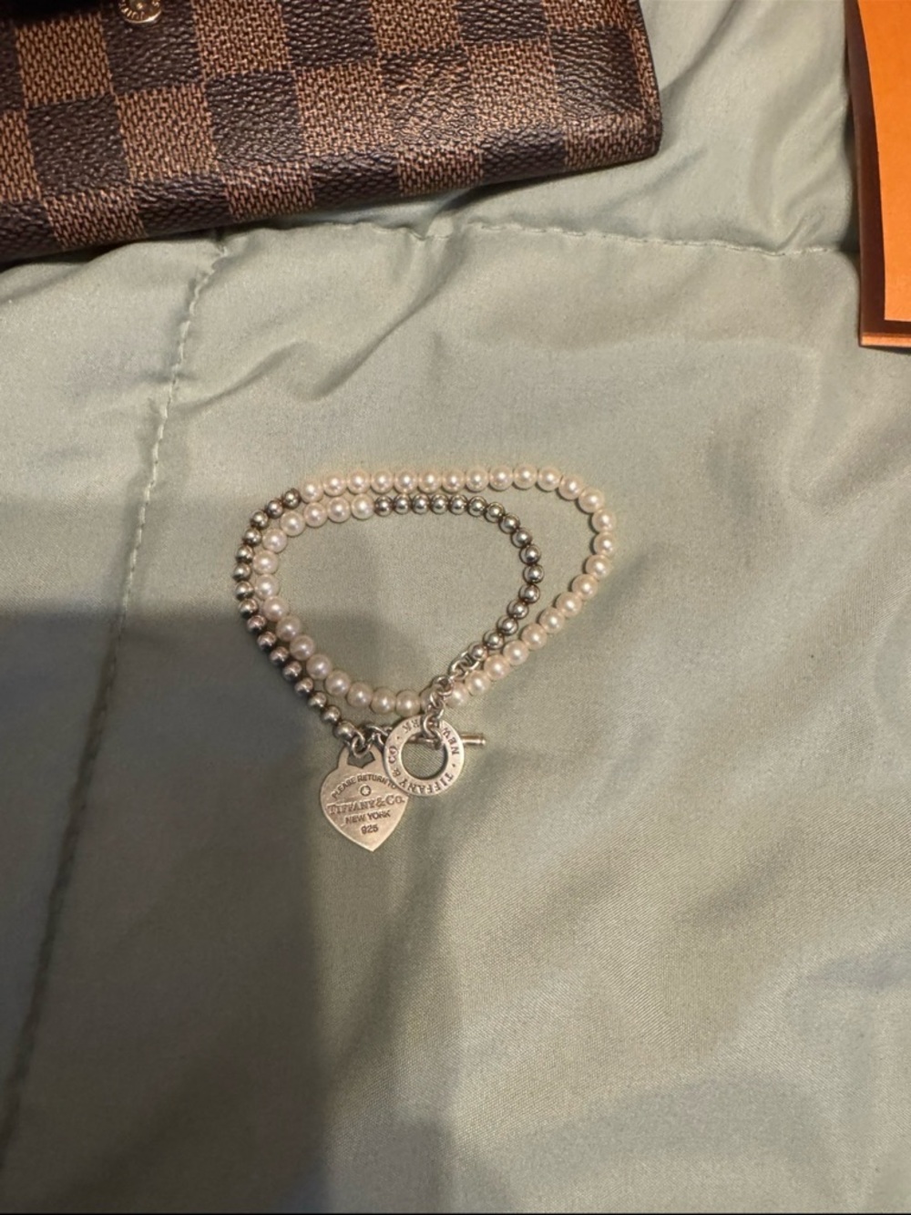 Tiffany & Co. Silver and White Pearl Wrap Bracelet with Heart Tag